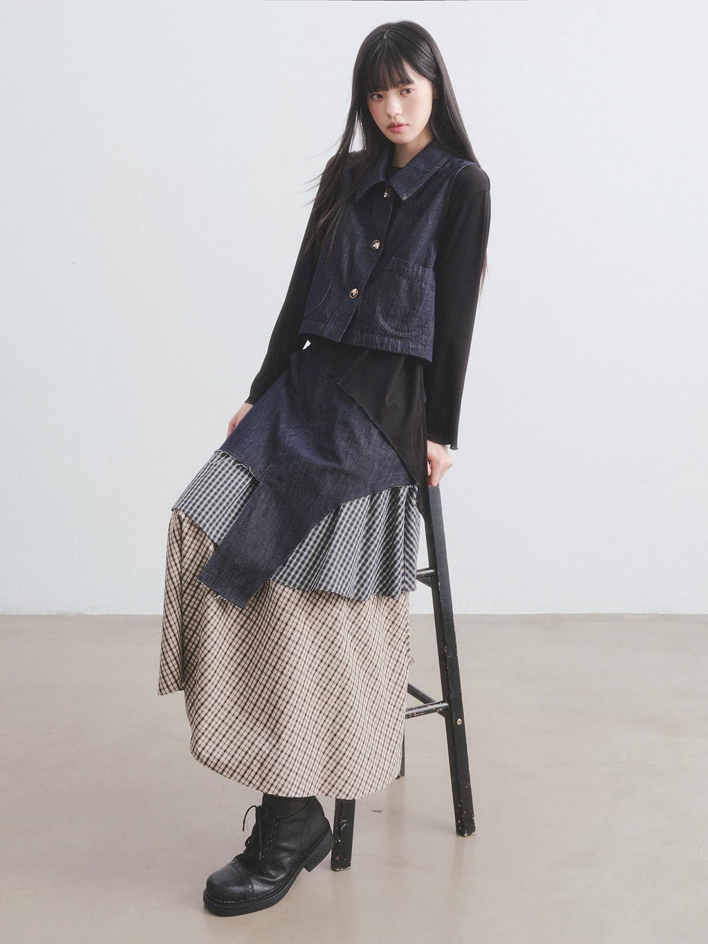 DDGIRL studio Asymmetric Plaid Leather Lapel Vest High Waist Skirt Women Top & Skirt Sets