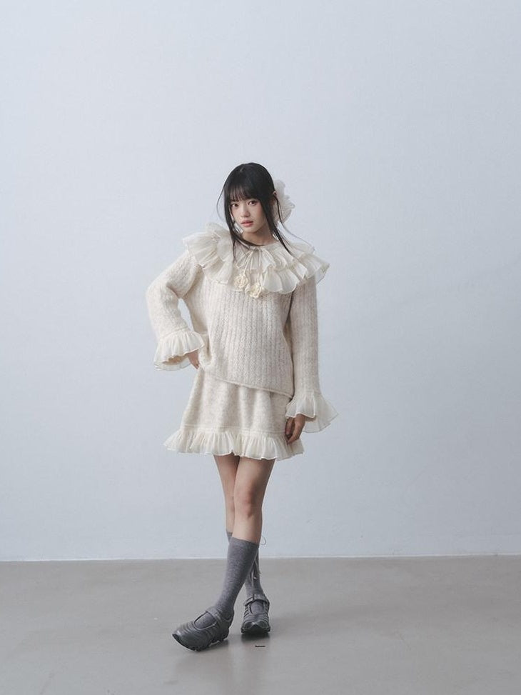 DDGIRL studio Warm Knitted Ruffle Pullover Loose Gentle Floral High Waist Top & Skirt Sets