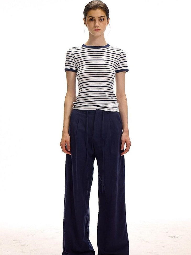 Country Moment Cotton Linen Minimal Belted Natural Waist Navy Office Wide Leg Pants