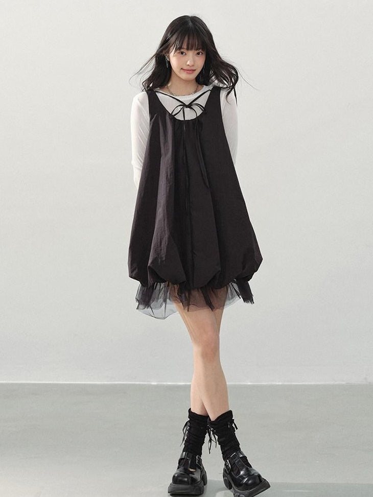 DDGIRL studio Sweet Mesh A Line Black Loose Waist Bubble Skirt U Neck Work Top & Skirt Sets