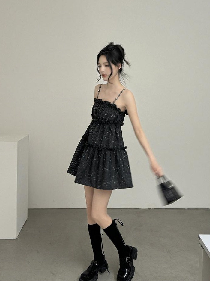 DDGIRL studio Shape Retain Strappy A Line Loose Waist Black Poly Wool Blend Mini Dresses
