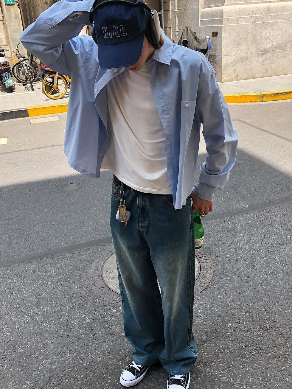 Country Moment Breathable Cotton Retro Washed Mid Rise Relaxed Mens Deep Blue Wide Leg Jeans