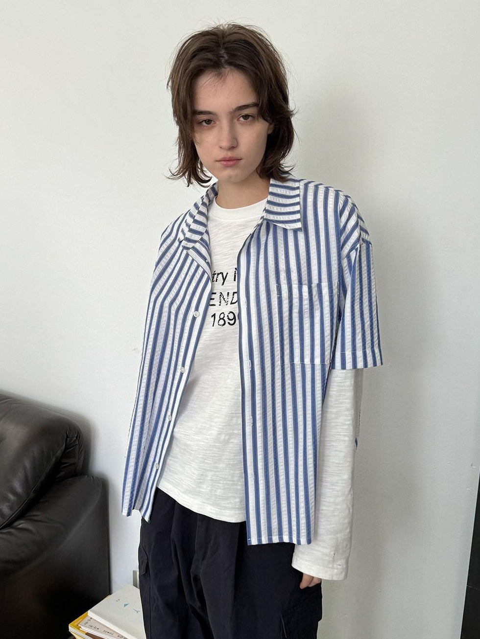 Country Moment Cotton Blend Blue White Striped Square Neck Relaxed Fit Teen Short Sleeve Shirts