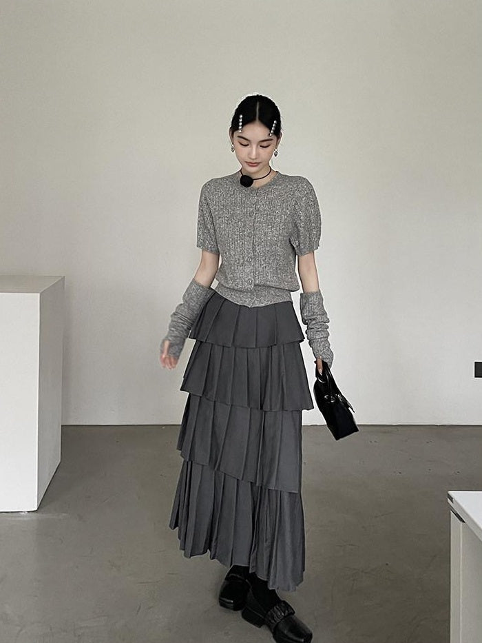 DDGIRL studio Lined High Waist Pleated Patchwork A Line Commuter Loose Fit Gray Midi Skirts