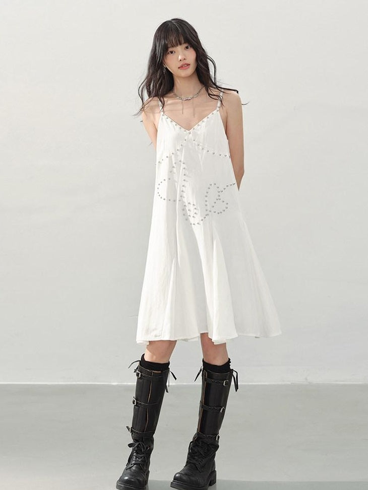 DDGIRL studio Soft Beaded Girly A Line V-neck Spaghetti Strap Cotton Wedding Midi Dresses