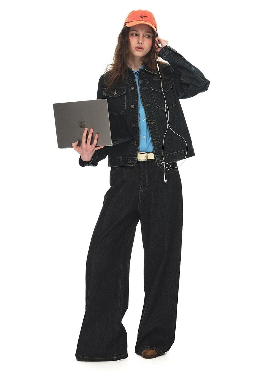 Country Moment Warm Cotton Mid Rise Loose Retro Button Fly Black Casual Commuter Wide Leg Jeans