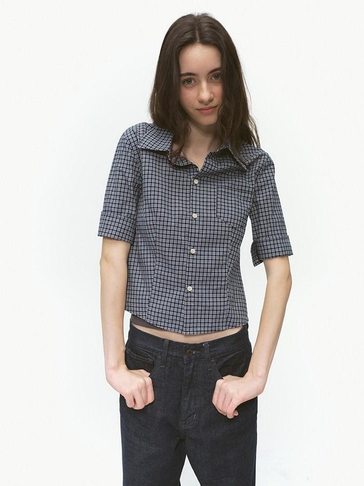 Country Moment Breathable Cotton Cropped Straight Revere Women Navy Plaid Shirts