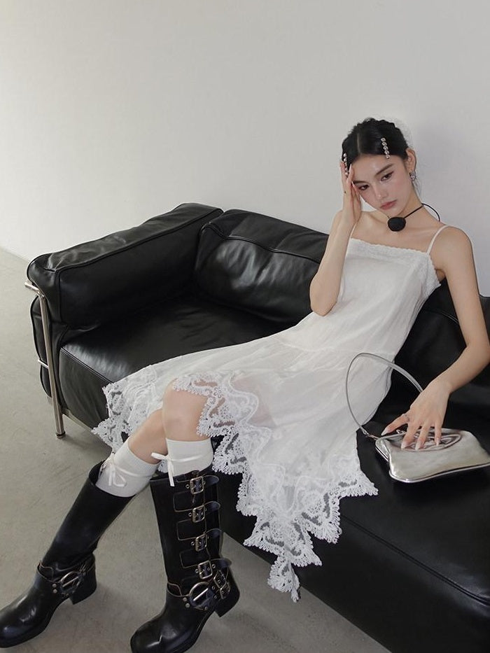 DDGIRL studio Office High Waist A Line Sleeveless Cotton Blend Camisole White Midi Dresses