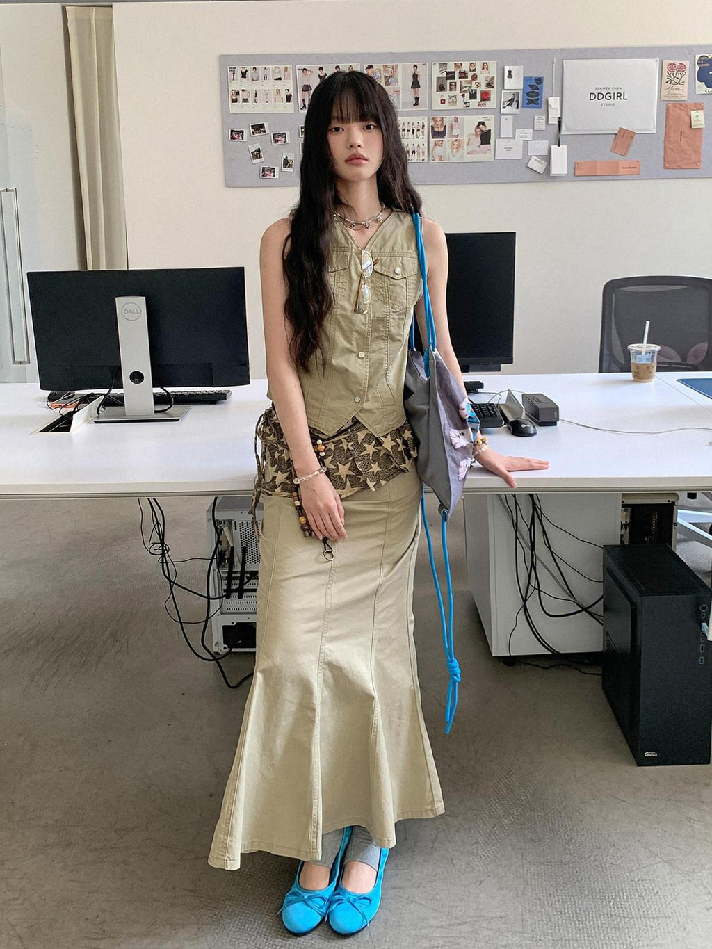 DDGIRL studio High Waist Cotton Fishtail Slim Casual Khaki Women Outdoor Maxi Skirts