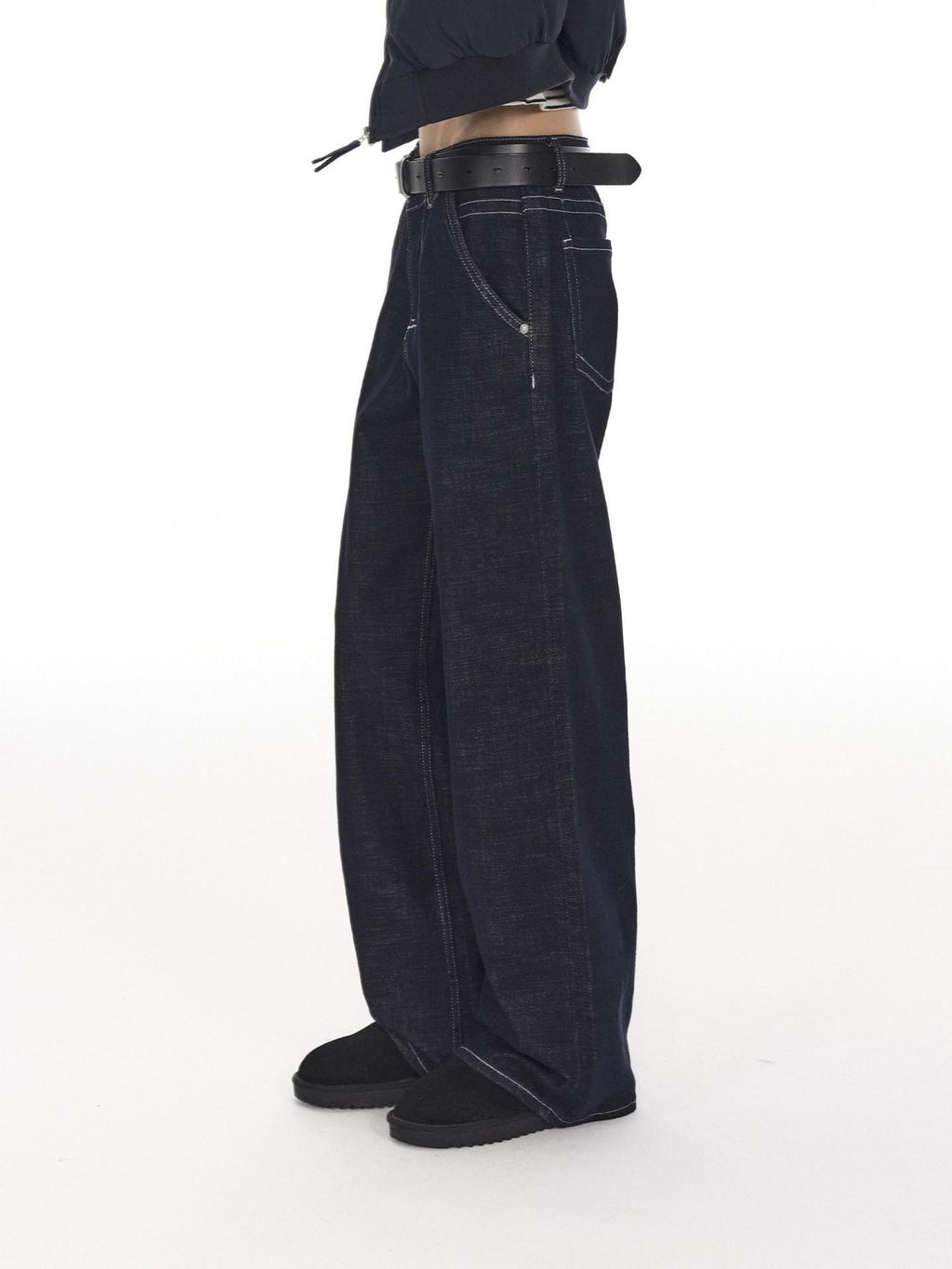 Country Moment Slimming Mid Rise Contrast Stitch Loose Unisex Blue Cotton Straight Leg Jeans
