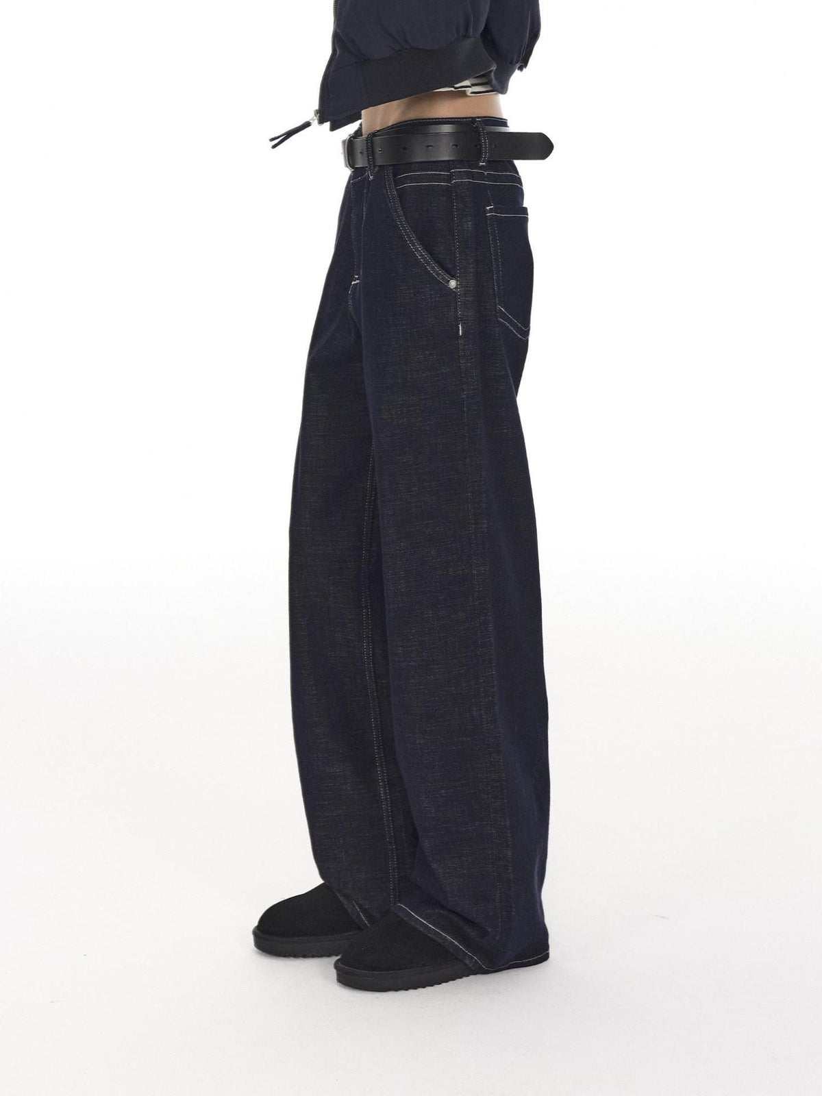 Country Moment Slimming Mid Rise Contrast Stitch Loose Unisex Blue Cotton Straight Leg Jeans