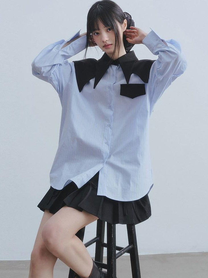 DDGIRL studio Breathable Cotton Loose Faux Layer Pleat Sleeve Striped Navy Collar Shirts