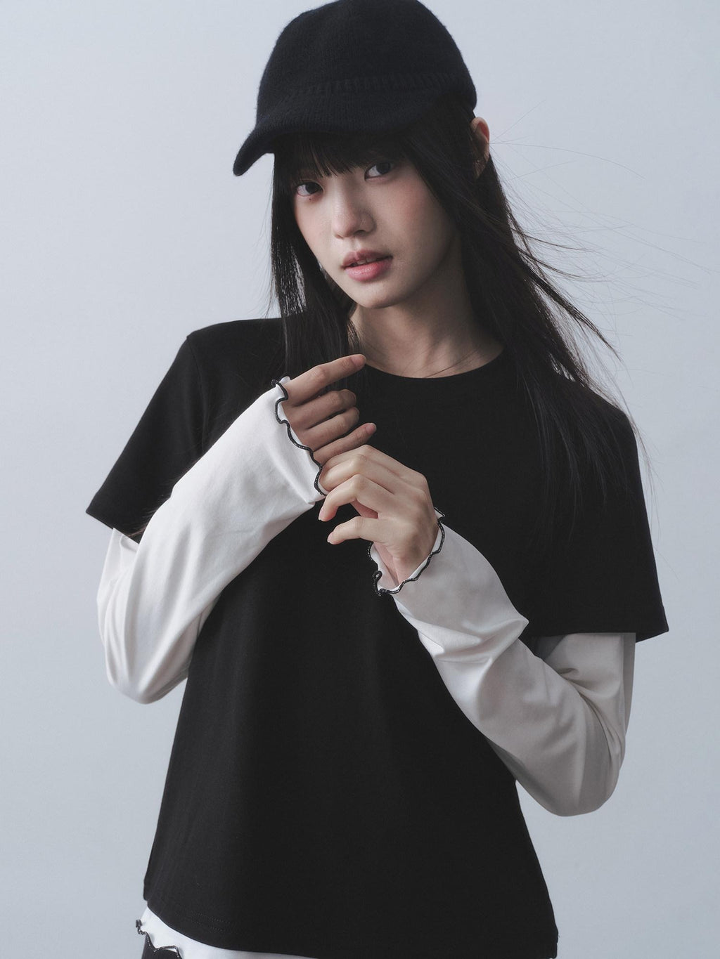 DDGIRL studio Breathable Cotton Spandex Loose Office Contrast Lace Women Long Sleeve T-Shirts