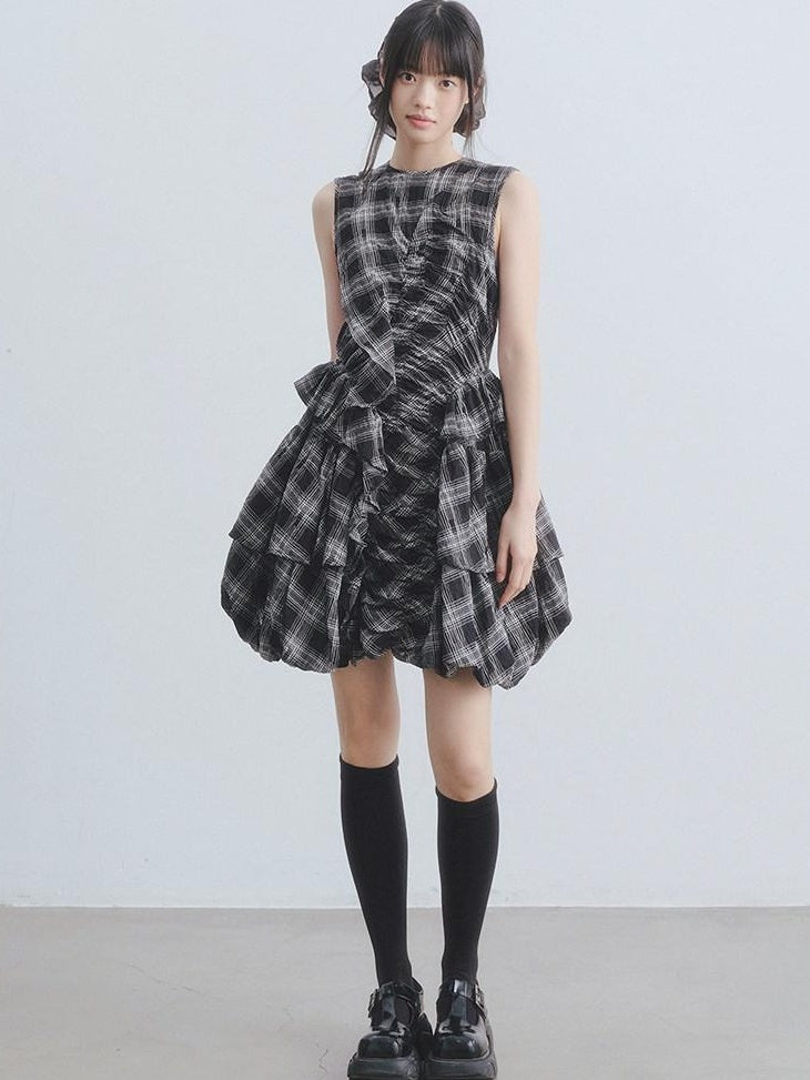 DDGIRL studio Soft Cotton Shirred A Line Sleeveless Checked Workwear Puff Skirt Mini Dresses