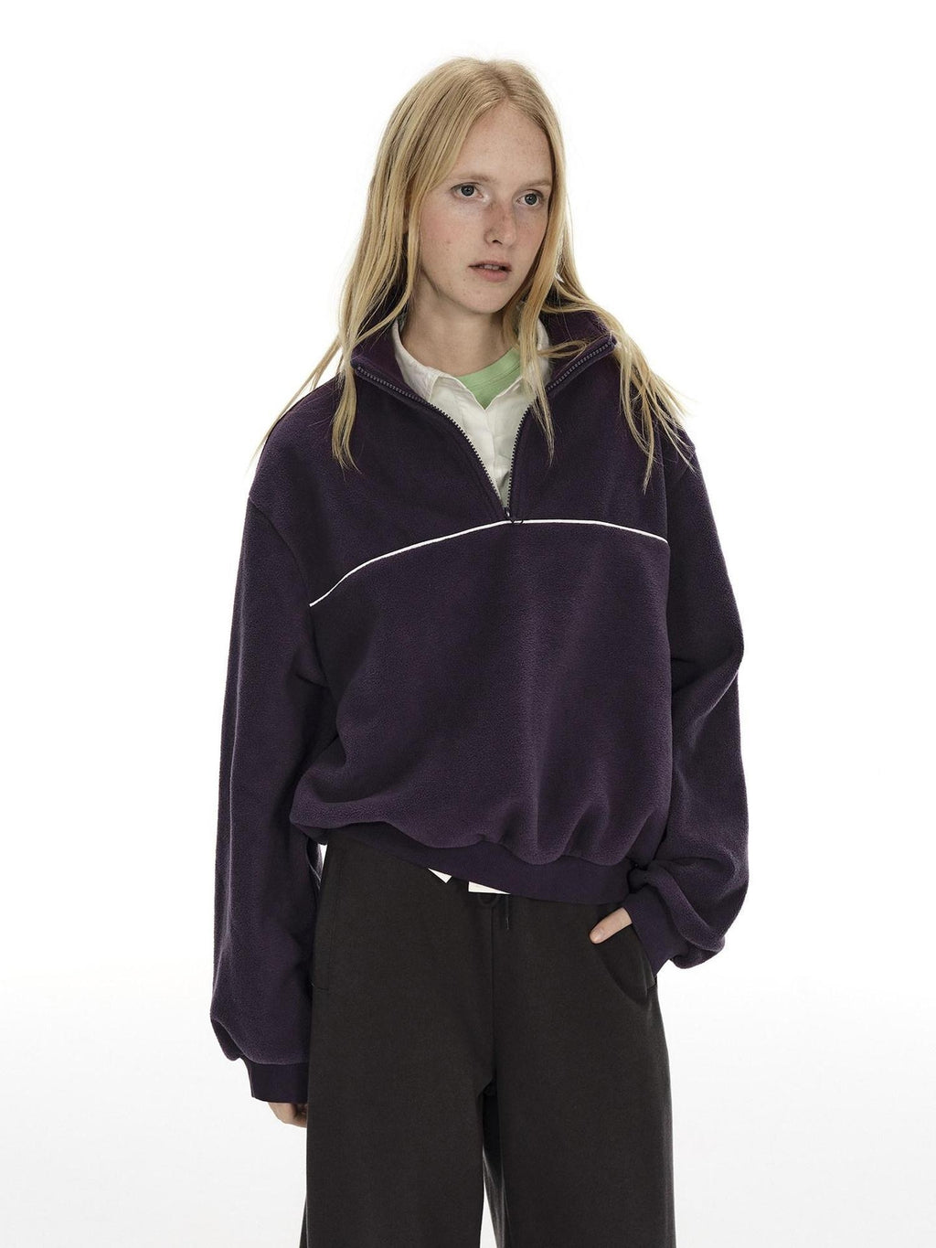 Country Moment Warm Fleece Short Zip Stand Collar Colorblock Loose Fit Unisex Purple Sweatshirt