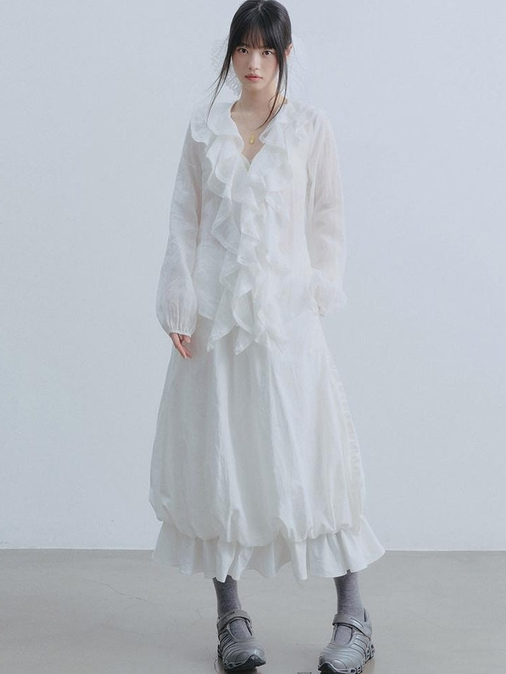 DDGIRL studio Durable Cotton High Waist Ruffle Lantern Lined White Midi Skirts