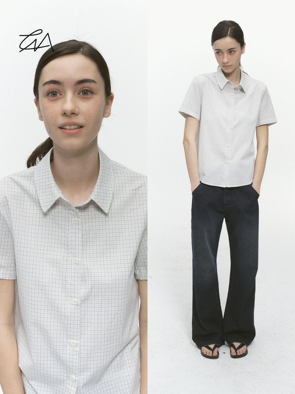 Country Moment Breathable Pure Cotton Slim Fit Checked Short Sleeve Button Collar Women Shirts