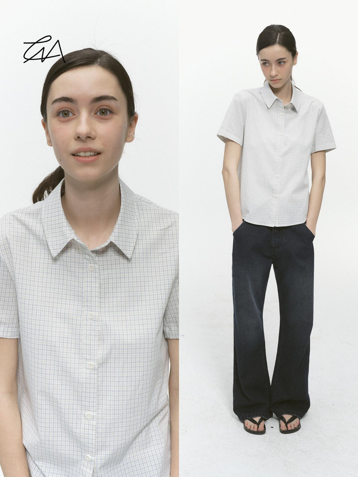 Country Moment Breathable Pure Cotton Slim Fit Checked Short Sleeve Button Collar Women Shirts