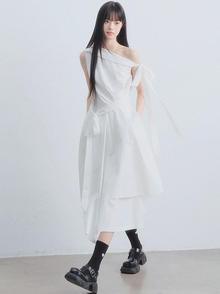 DDGIRL studio High Waist Asymmetric One Shoulder Workwear A Line Side Zipper Midi Dresses