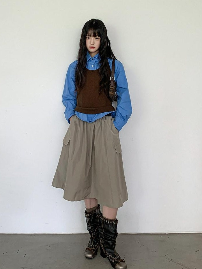 DDGIRL studio Moisture Wicking Pure Cotton Relaxed Polo Collar Button Women Blue Blouses