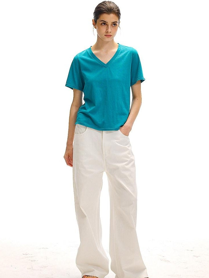 Country Moment Moisture Wicking Street Straight V-neck Cotton Blend White Short Sleeve T-Shirts