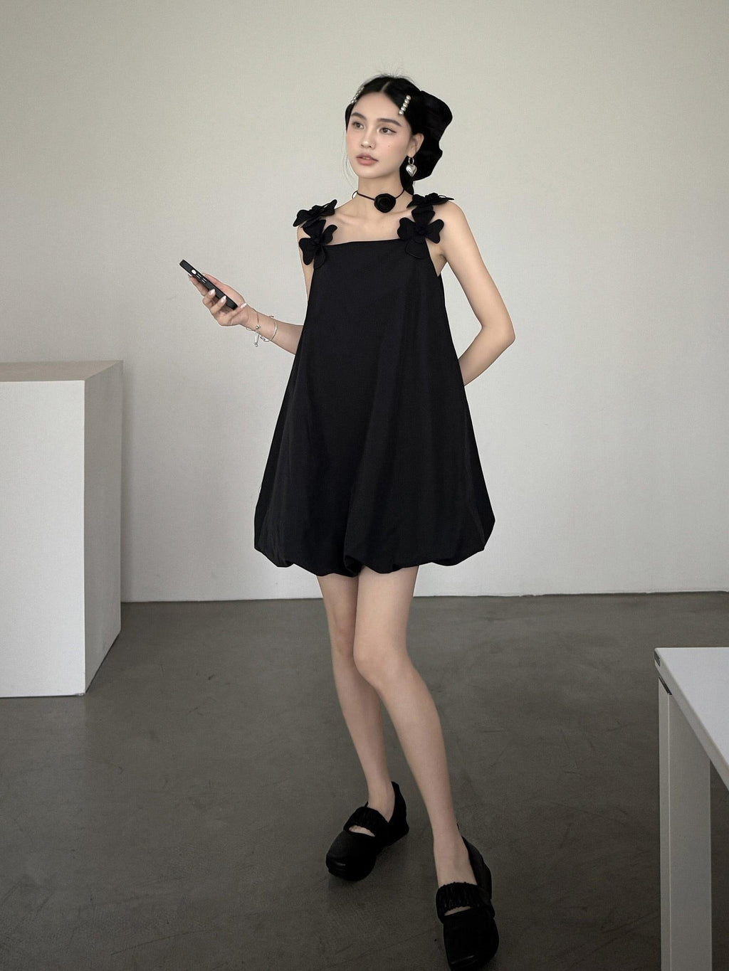 DDGIRL studio Washed Cotton Nylon Blend Strappy A Line Loose Waist Commuter Black Midi Dresses