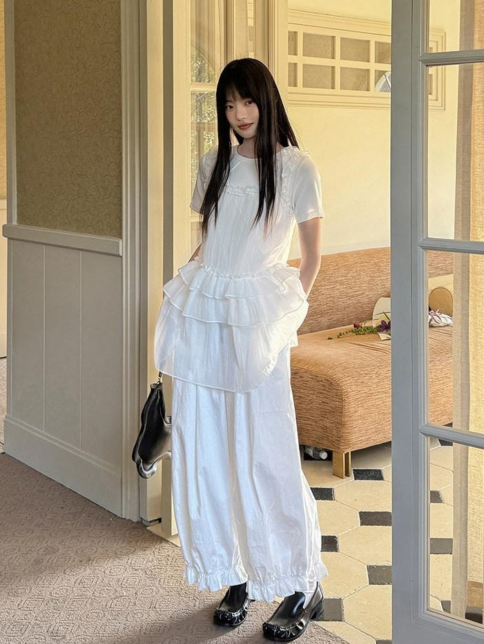 DDGIRL studio Original High Waist Drawstring Washed Cotton Nylon Lantern White Wide Leg Pants