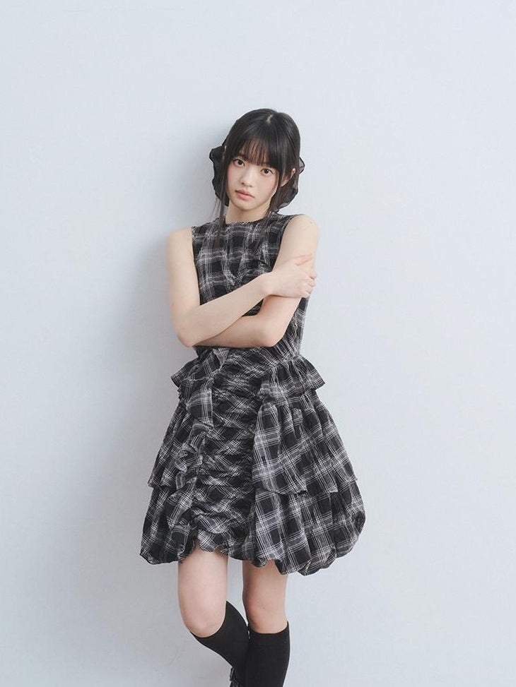 DDGIRL studio Soft Cotton Shirred A Line Sleeveless Checked Workwear Puff Skirt Mini Dresses