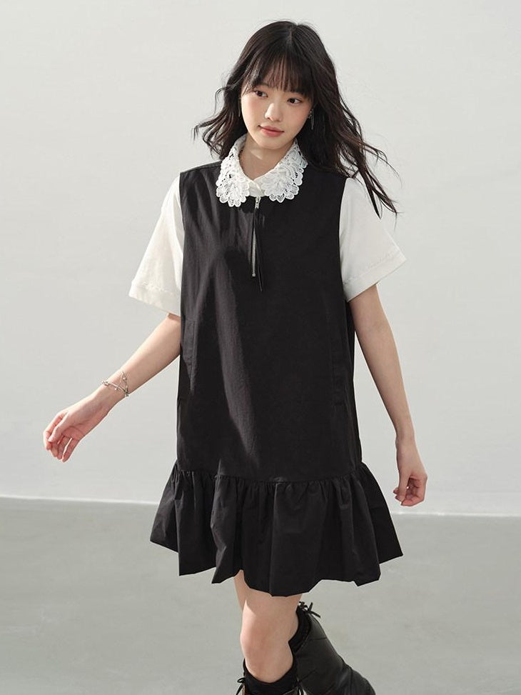 DDGIRL studio Soft Washed Cotton Nylon A Line Doll Collar Pockets Black Mini Dresses