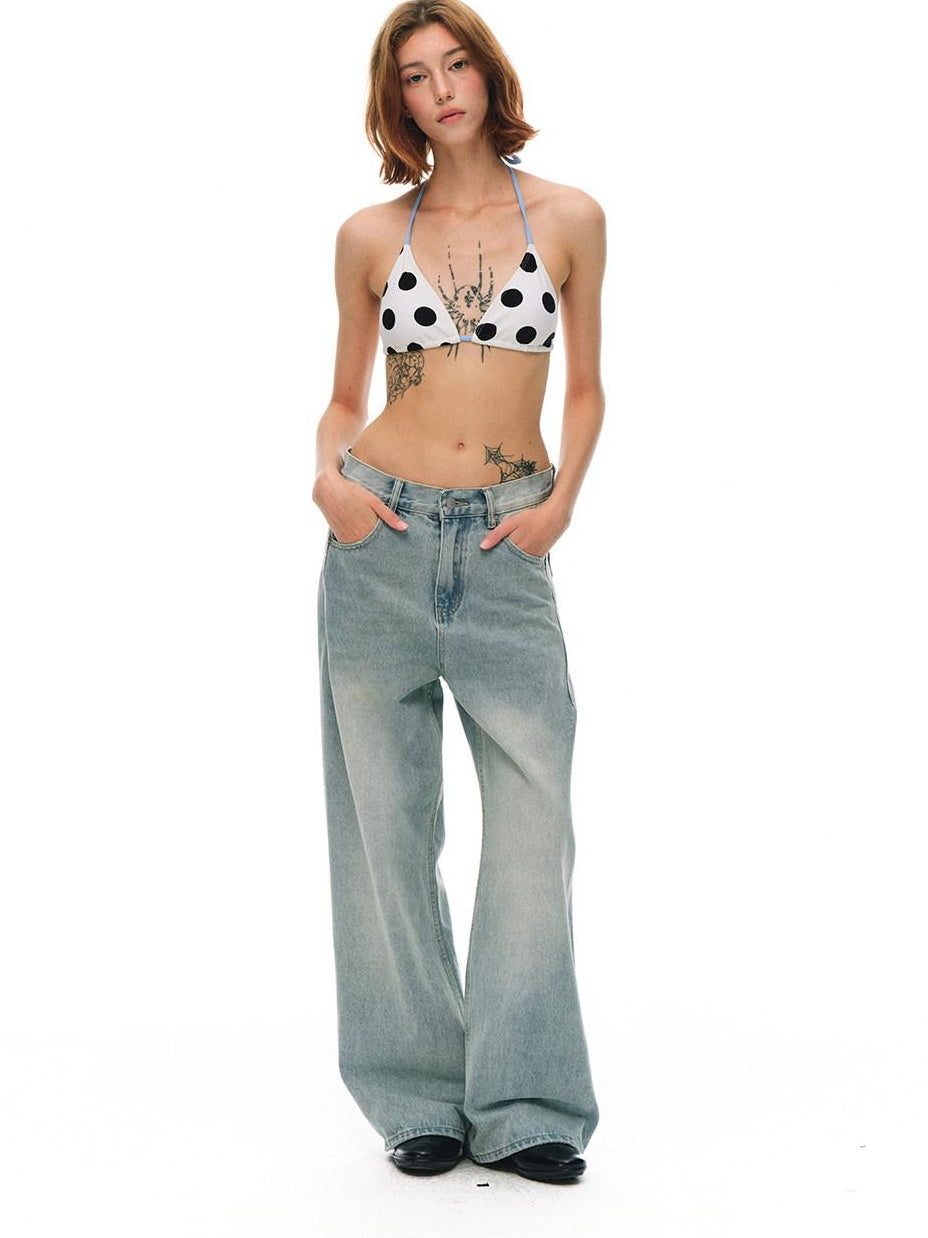 Country Moment Washed Distressed Embroidered Mid Rise Loose Retro Light Blue Wide Leg Jeans