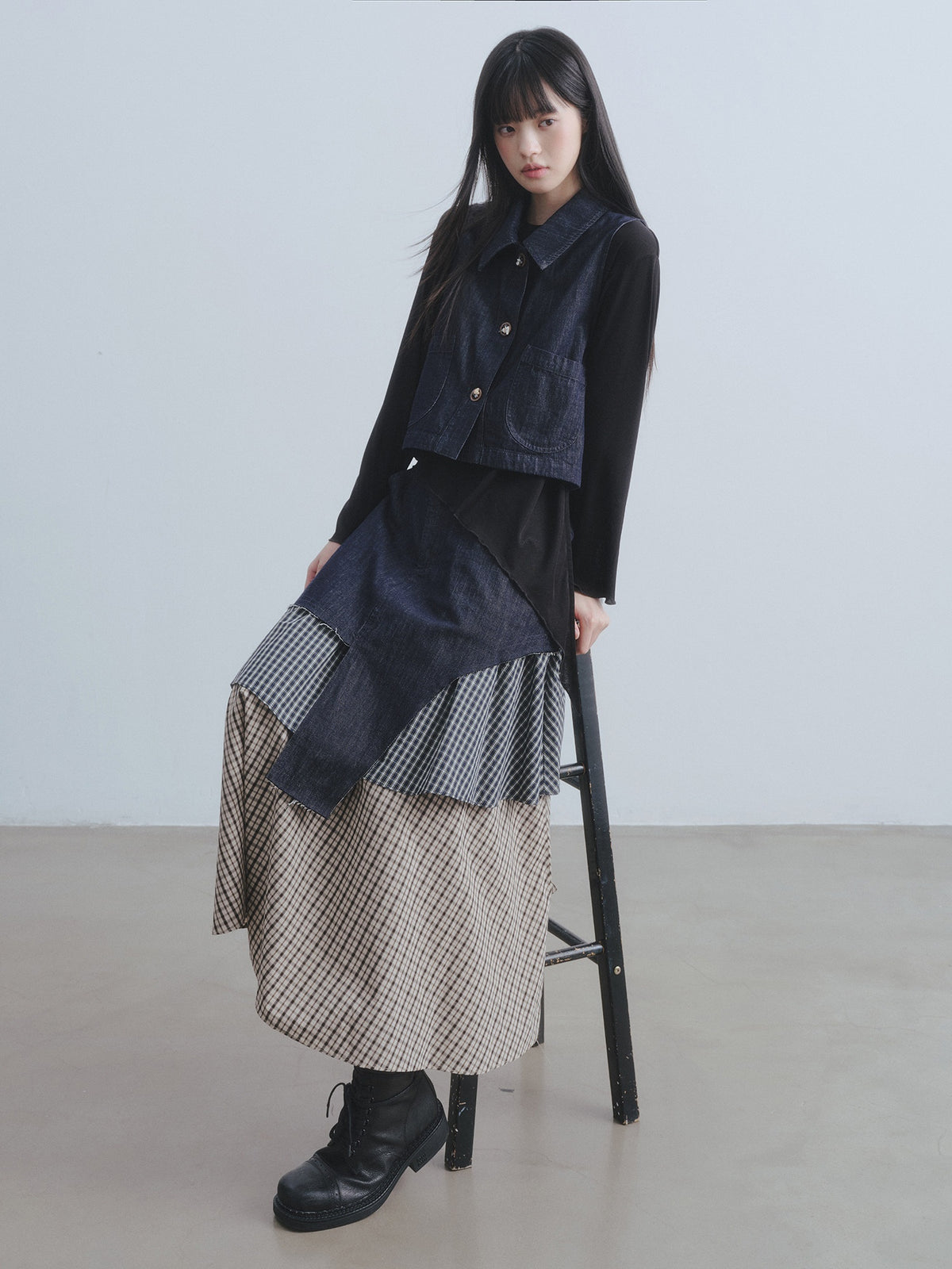 DDGIRL_studio_Asymmetric_Plaid_Leather_Lapel_Vest_High_Waist_Skirt_Women_Top_&_Skirt_Sets_MISSTT