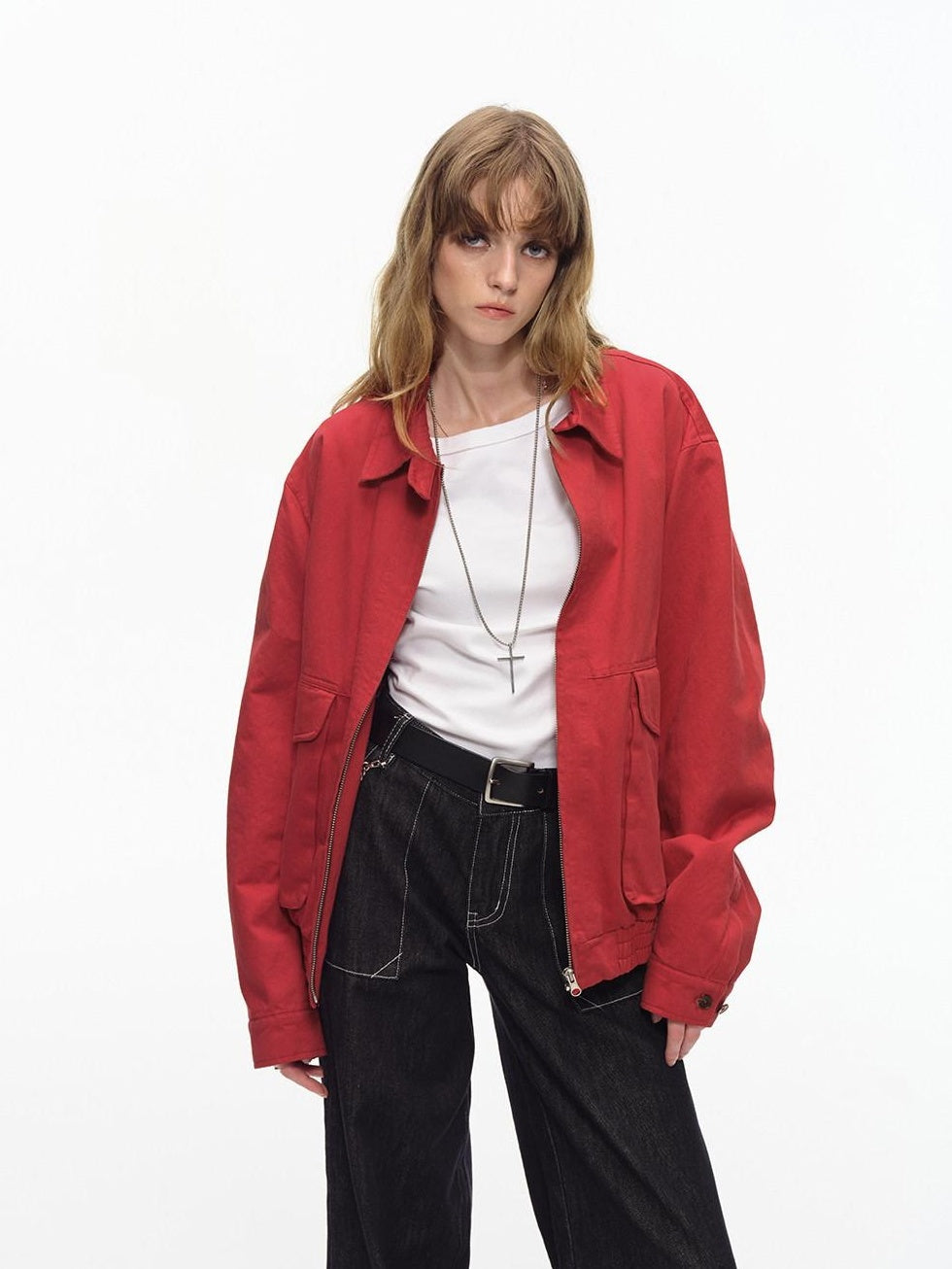 Country Moment Warm Pure Cotton Relaxed Fit Zip Front Rib Hem Unisex Chili Red Cropped Jackets