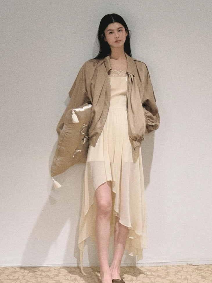 7 OAKMOO Cooling Tencel Loose Fit Casual Stand Collar Zip Women Palm Khaki Short Coat