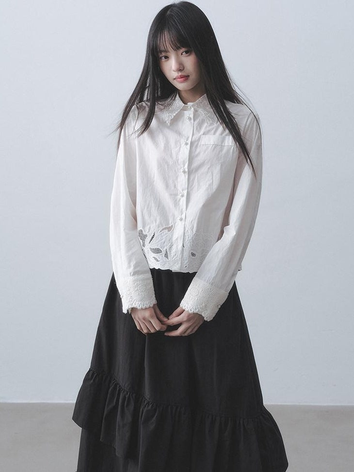 DDGIRL studio Skin Friendly Cotton Lace Embroidered Cropped Cardigan White Long Sleeve Shirts
