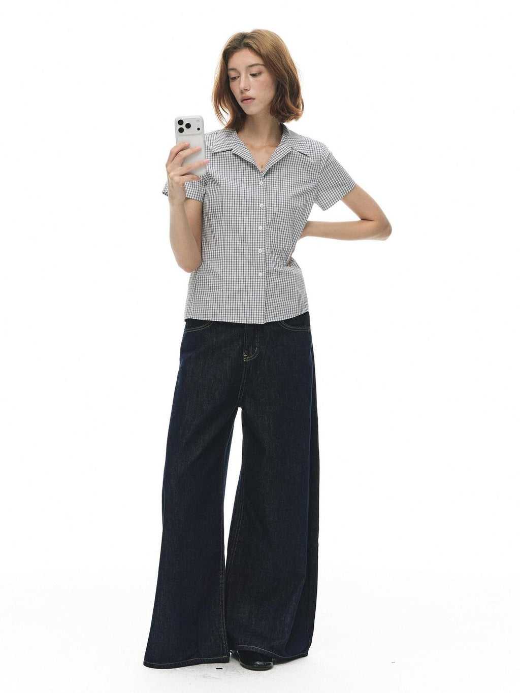 Country Moment Cotton Fitted Button Cuban Collar Black White Plaid Short Sleeve Women Shirts