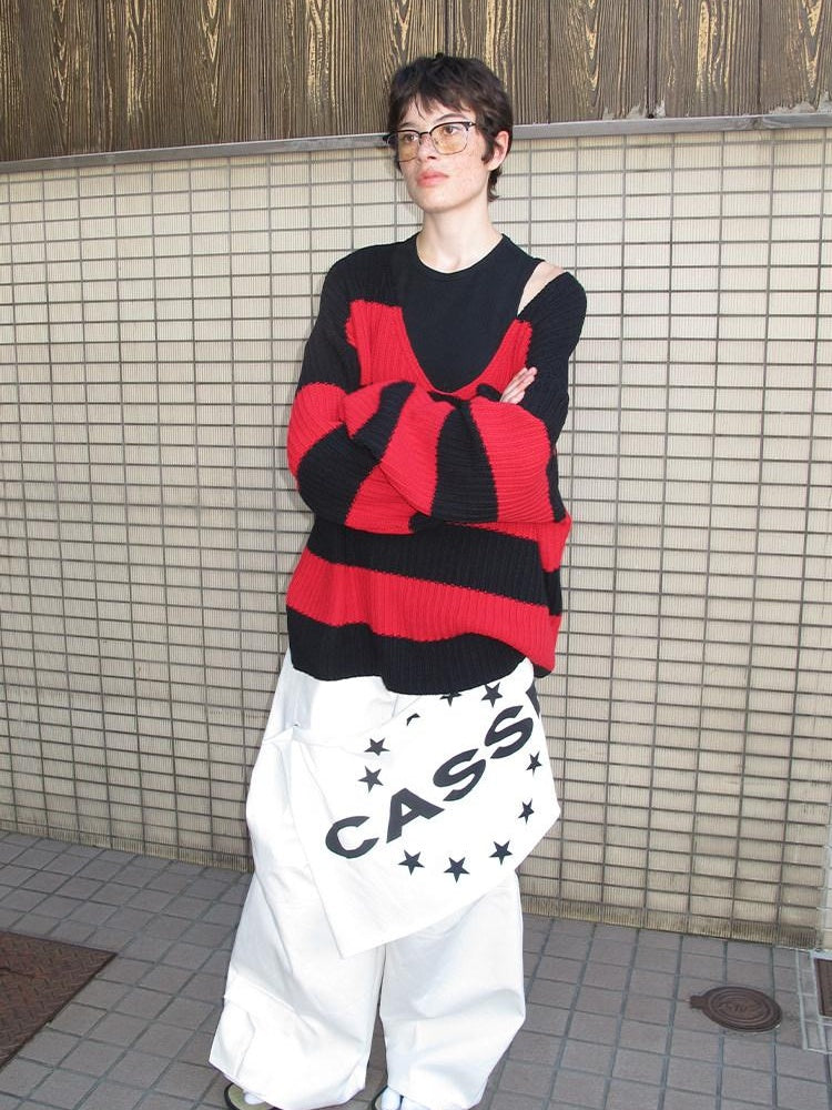CasseSango Soft Breathable V-neck Openwork Colorblock Loose Unisex Casual Striped Sweaters