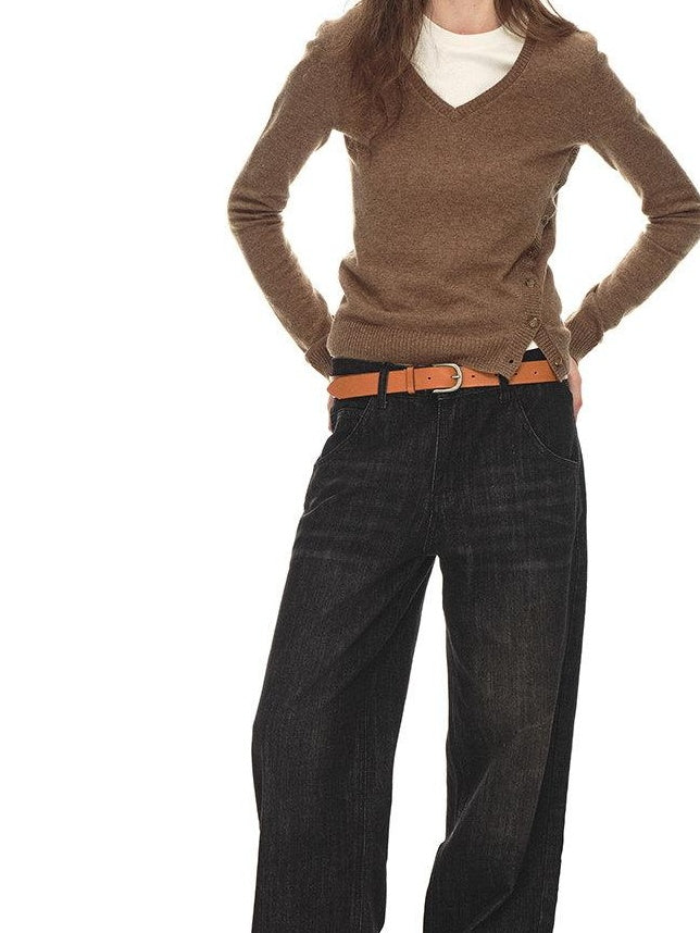 Country Moment Soft Wool Blend Slimming Relaxed Fit Asymmetric V-neck Women Commuter Sweaters