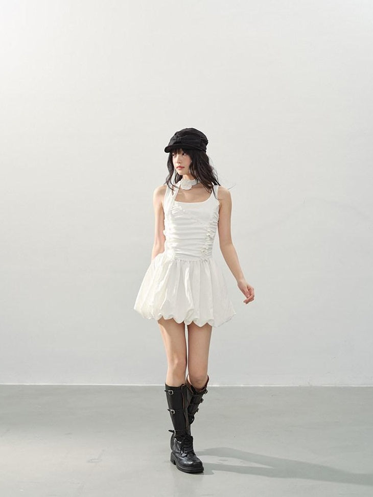 DDGIRL studio Soft Stretch Cotton Sweet Ruffle A Line Sleeveless U Neck Mid Waist Mini Dresses