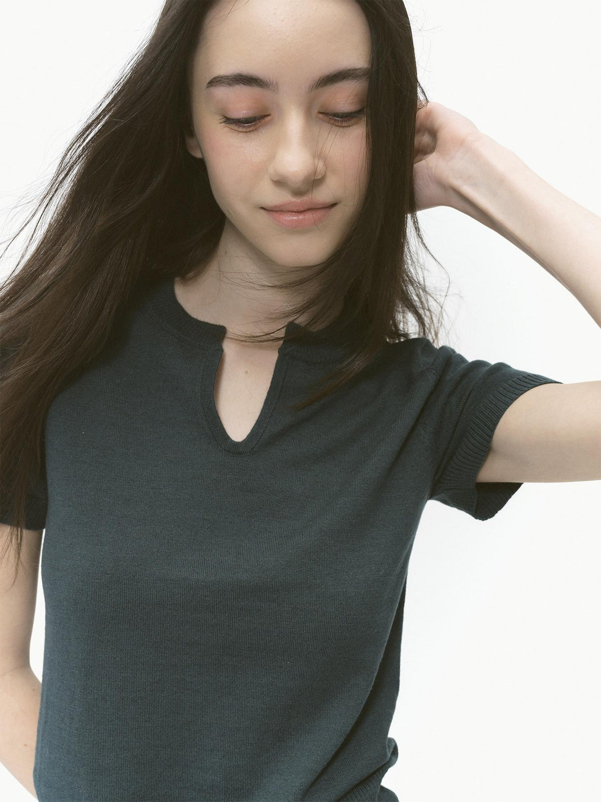 Country Moment Silk Wool Blend Patchwork V-neck Slim Fit Work Olive Brown Short Sleeve T-Shirts