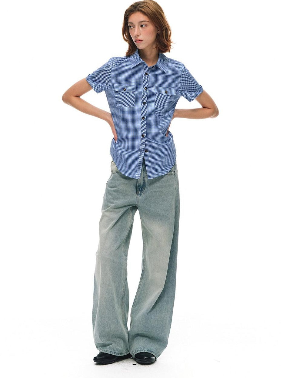 Country Moment Washed Distressed Embroidered Mid Rise Loose Retro Light Blue Wide Leg Jeans