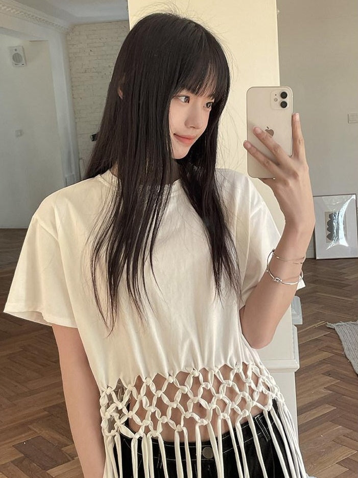 DDGIRL studio White Fringe Cropped Loose 100% Cotton Commuter Crew Neck Short Sleeve T-Shirts