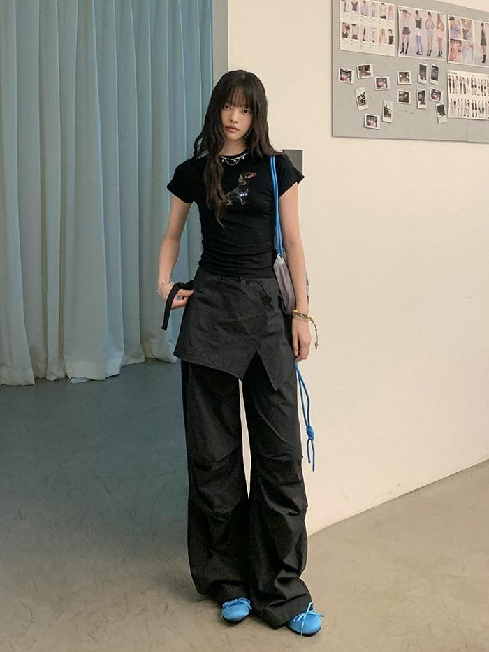DDGIRL studio High Waist Cotton Cargo Pockets Loose Commuter Women Black Straight Pants