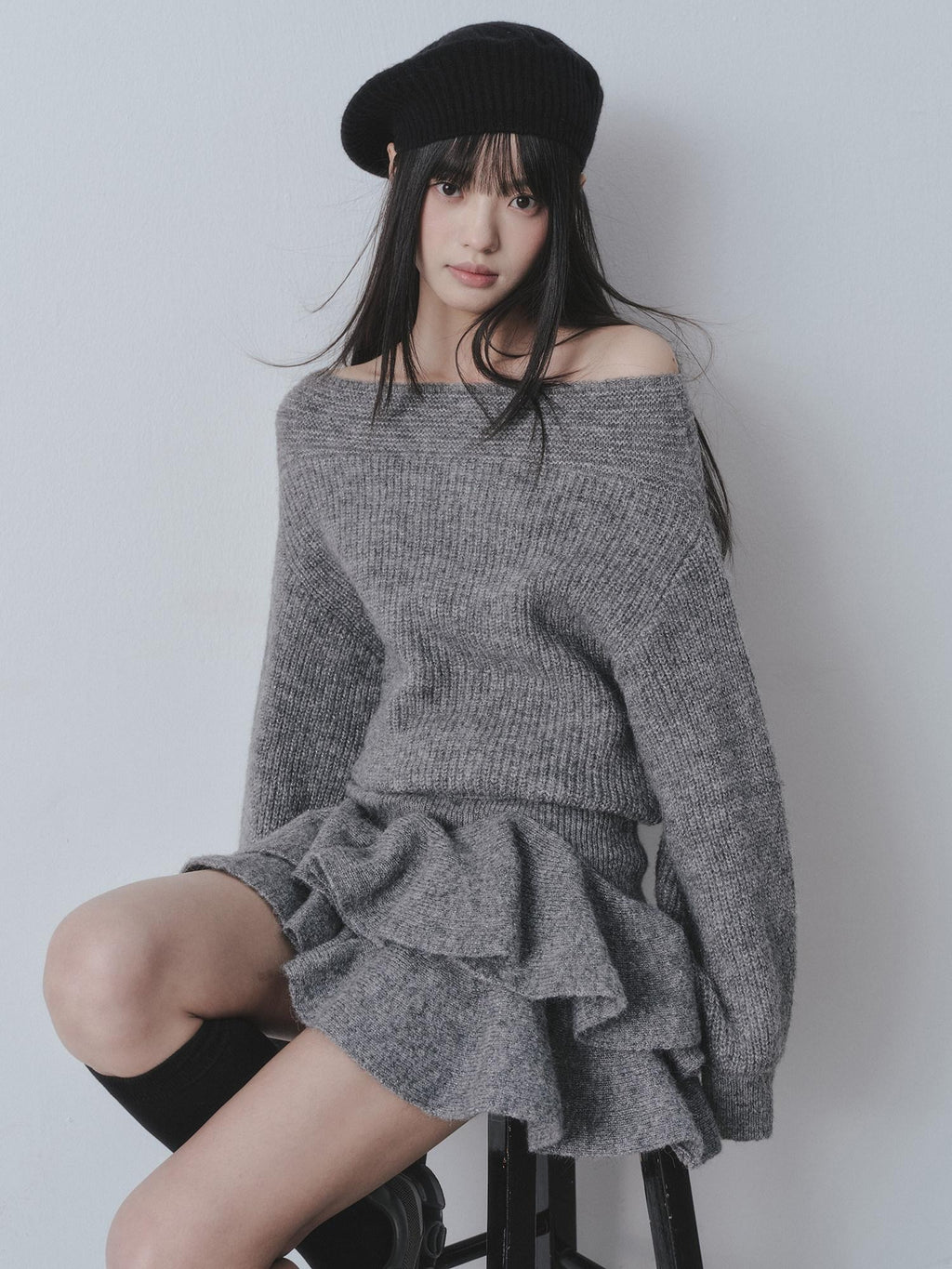 DDGIRL studio Cozy Knit Warm Girly Ruffle Bardot Neckline High Waist Grey Top & Skirt Sets