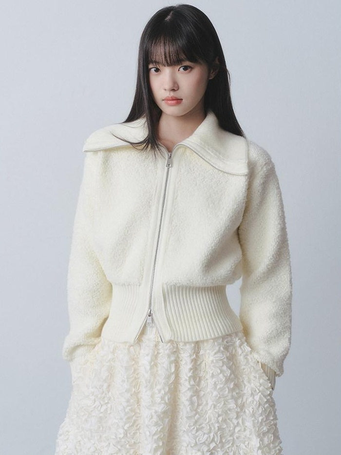 DDGIRL studio Cozy Warm Simple Daydream Waist Cinch Zip Cardigan Acrylic Blend Cream Sweaters