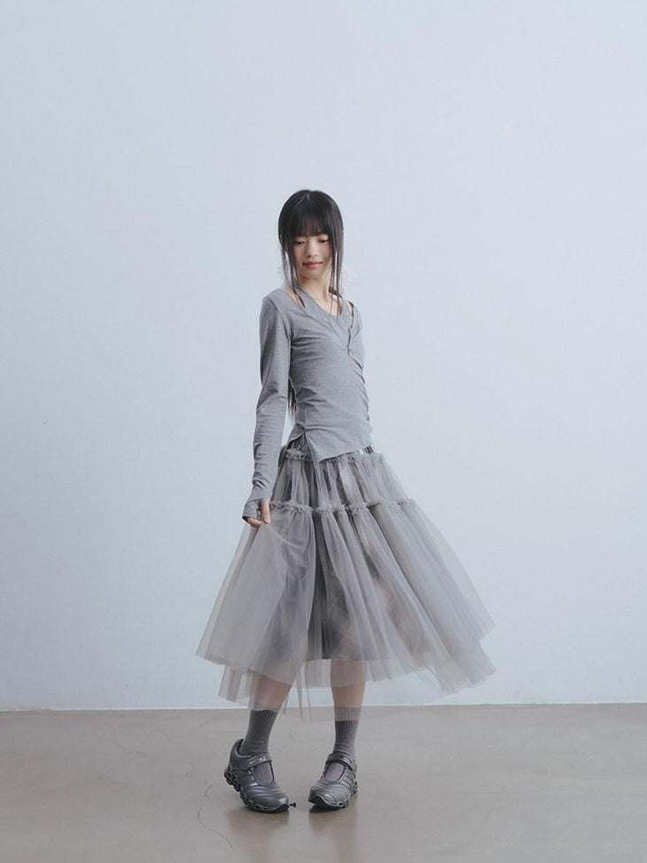 DDGIRL studio Non Deforming High Waist Mesh Patchwork Pleated Lined Women Gray Midi Skirts