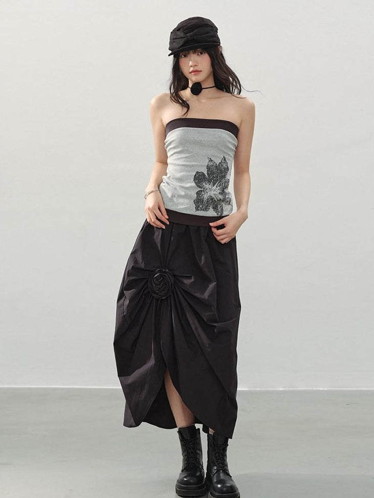 DDGIRL studio Durable Lined Cotton High Waist Asymmetric Floral Front Slit Midi Skirts
