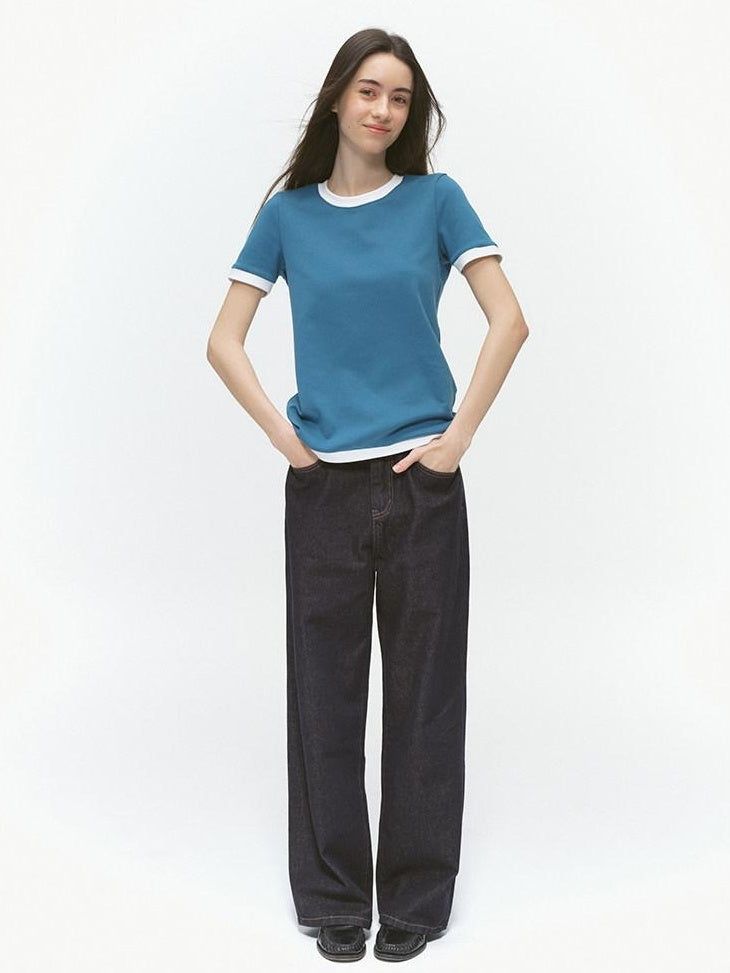 Country Moment Durable Washed Five Pocket Mid Rise Loose Straight Raw Denim Wide Leg Jeans