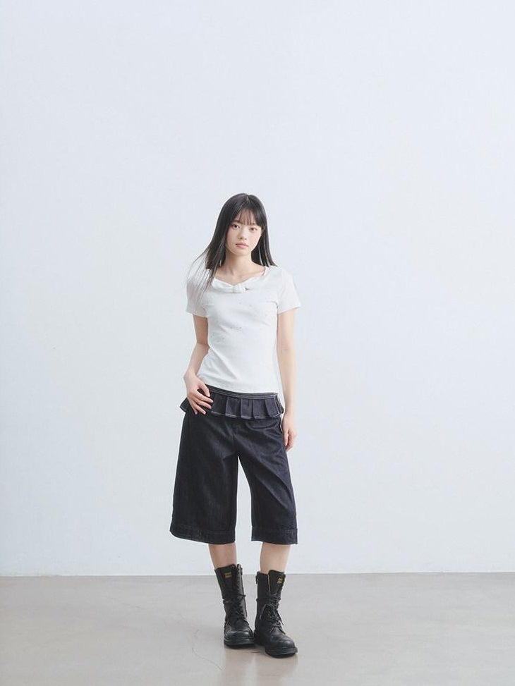 DDGIRL studio Washed High Waisted Pleated Soft Non Stretch Navy Solid Durable Wide Leg Jeans