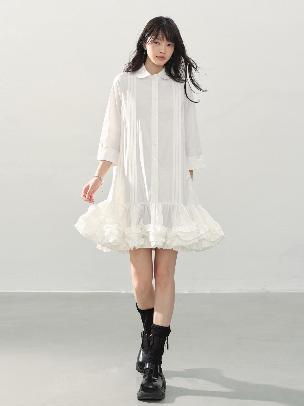 DDGIRL studio Shape Retaining Cotton Ruffle Aline Loose Waist Commuter Women Midi Dresses