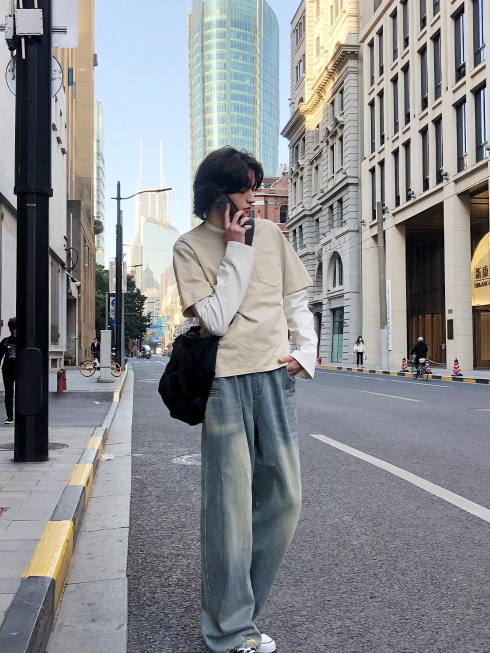 Country Moment Soft Breathable 100% Cotton Loose Crew Neck Unisex Khaki Long Sleeve T-Shirts